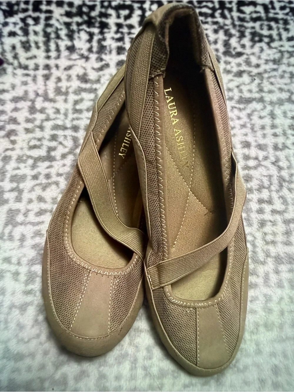 Laura Ashley Taupe Mary Jane Wedges with Elastic Cross Strap